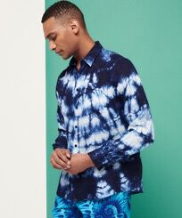 男士 Fonds Marins 扎染棉麻保龄球衫 Navy 正面穿戴视图