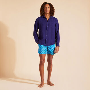 Men Linen Shirt Solid Midnight front worn view