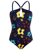 Bañador de una sola pieza con escote de ojo de cerradura y un diseño Blurred para mujer Azul marino vista frontal