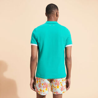 Men Cotton Pique Polo Shirt Solid Tropezian green back worn view