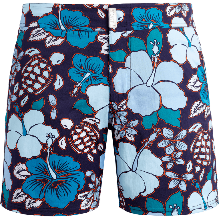 Men Stretch Flat Belt Swim Shorts Tropical Turtles - Merise - Blue