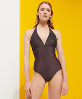 Women Halter One-Piece Swimsuit Changeant Shiny Burgundy front worn view
