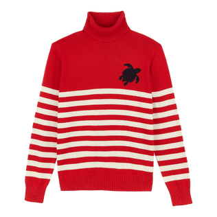 Men Striped Cotton and Cashmere Turtleneck Pullover Jacquard Tortue Red front view