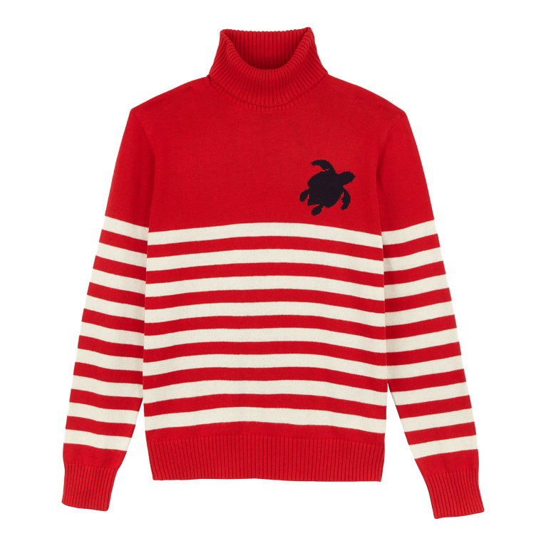Men Striped Cotton And Cashmere Turtleneck Pullover Jacquard Tortue - Flegere - Red