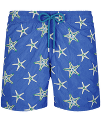 Men Embroidered Embroidered - Men Swim Shorts Embroidered Starfish Dance - Limited Edition, Purple blue front view