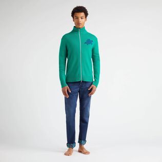 Men Wool and Cashmere Full Zip Sweater Turtle Chlorophyll front worn view