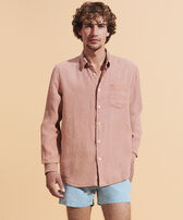Men Linen Mineral Dye Shirt Solid Pottery front worn view