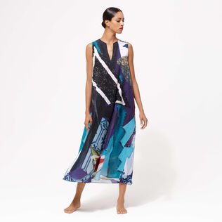 Women Sleeveless Maxi Dress Envoûtement - Vilebrequin x Deux Femmes Noires Purple blue front worn view