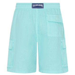 Men Linen Bermuda Shorts Cargo Pockets Lagoon back view