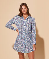 Women Cotton Voile Shirt Dress Isadora Fish White front worn view
