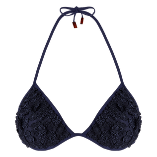 Women Triangle Bikini Top Embroidered Guipure Florale Navy front view