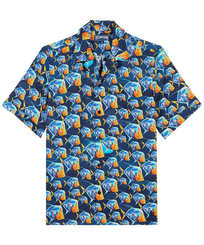 Hombre Autros Estampado - Men Linen Bowling Shirt Piranhas, Azul marino vista frontal