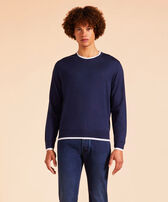 Men Merino Wool Cashmere Silk Crewneck Sweater Navy front worn view