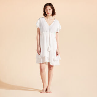 Women Viscose Fluid Dress Solid Off white front worn view