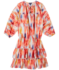 Women Cotton Ruffled Dress Ikat Flowers Multicolor front view