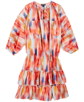 Women Cotton Ruffled Dress Ikat Flowers Multicolor front view