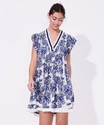 Women Mini Dress Hidden Fishes - Vilebrequin x Poupette St Barth Purple blue front worn view