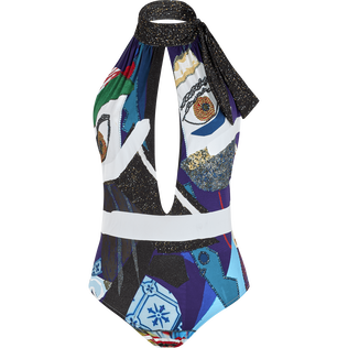 Maillot de bain décolleté une pièce femme Envoûtement - Vilebrequin x Deux femmes noires Purple blue vue de face
