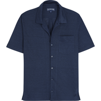 Camisa de bolos unisex en lino de color liso Azul marino vista frontal