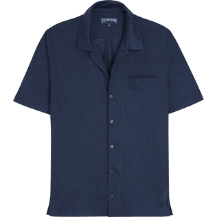Camicia bowling unisex in jersey di lino tinta unita Blu marine vista frontale