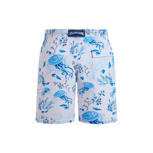 Men Long Stretch Swim Shorts Medusa and Shells White back view