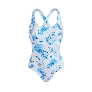 Bañador de una sola pieza con tirantes cruzados en la espalda y estampado Medusa and Shells para mujer Blanco vista frontal