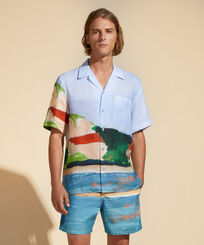 Men Linen Bowling Shirt 360 Landscape - Vilebrequin x Highsnobiety Chambray front worn view