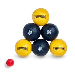 Pack jeu pétanque bleu en cuir recyclé - Vilebrequin x La Mariole Marine/soleil vue de face