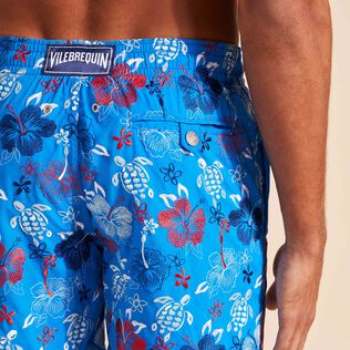 Men Swim Shorts Embroidered Tropical Turtles - Limited Edition Neon blue details view 2