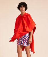 Terry Poncho Poppy red front worn view