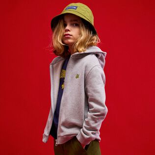 Boys Hooded Front Zip Sweatshirt Placed Embroidery Tortue Back Heather grey front worn view