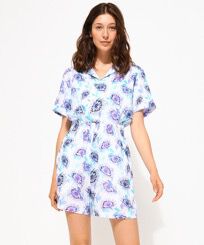 Women Linen Bermuda Flash Flowers Purple blue front worn view