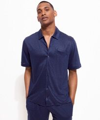 Unisex Linen Bowling Shirt Solid Navy front worn view