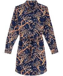 Women Cotton Voile Shirt Dress Sweet Blossom Navy front view