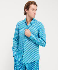 Camisa de verano unisex en gasa de algodón con estampado Urchins Lazulii blue vista frontal desgastada