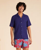 Men Bowling Linen Shirt Solid Midnight front worn view