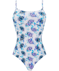 Women Round Neckline One-Piece Swimsuit Flash Flowers Purple blue front view