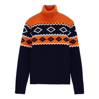 Men Wool Turtleneck Jacquard Sweater Navy front view