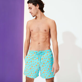 Men Classic Embroidered - Men Swim Trunks Embroidered Micro Ronde Des Tortues - Limited Edition, Lazulii blue front worn view