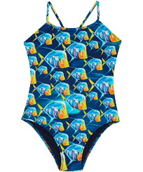 Bañador de una sola pieza con estampado Piranhas para niña Azul marino vista frontal