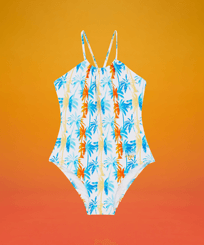 Palms & Stripes Badeanzug für Mädchen – Vilebrequin x The Beach Boys Weiss Vorderansicht