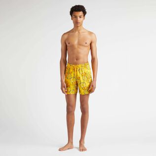 Men Swim Trunks Embroidered Hibiscus - Limited Edition Corn front worn view
