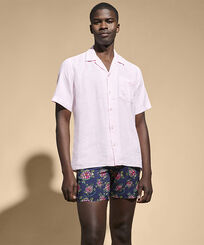 Men Bowling Shirt Linen Solid Ballet shoe 正面穿戴视图