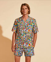 Men Linen Bowling Shirt Animals - Vilebrequin x Okuda San Miguel Multicolor front worn view