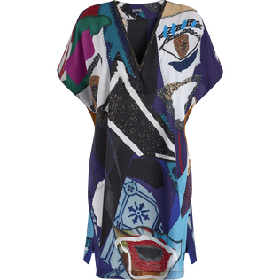 Women Cotton Voile Maxi Dress Envoûtement - Vilebrequin x Deux Femmes Noires Purple blue front view
