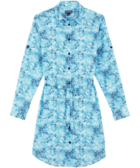 Women Cotton Voile Shirt Dress Flowers Tie & Dye Navy front view