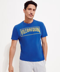 Men Others Printed - Men Cotton T-Shirt Vilebrequin Logo Flocked, Sea blue front worn view