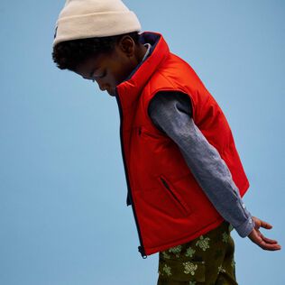 Wendbare Steppjacke mit Schildkröten-Print für Jungen Tomato Rückansicht getragen