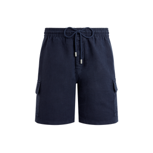 Men Linen Bermuda Shorts Cargo Pockets Navy front view