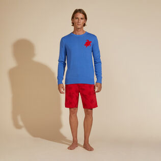 Men Cotton and Cashmere Crewneck Sweater Turtle Sea blue front worn view